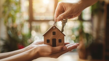 Hands exchanging a key with a small house model. Real estate and home ownership concept.