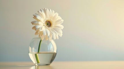 Wall Mural - A single white gerbera daisy in a glass vase against a gray wall.