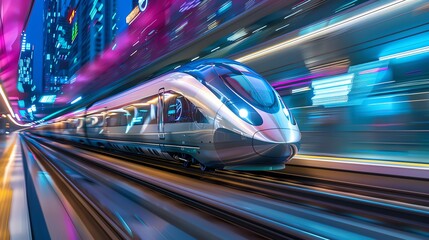 Poster - A modern high-speed train traveling through a city at night.