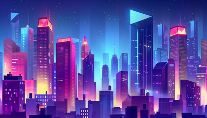 Wall Mural - Panorama View of the center of the exact city with skyscrapers, houses with luminous windows. Cartoon.