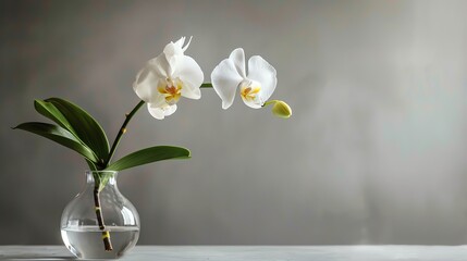 Wall Mural - A white orchid in a glass vase against a gray textured wall.