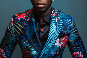 Canvas Print - A man wearing a blue and red tropical print suit and black shirt.