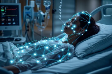 Wall Mural - Patient with brain monitoring equipment in a hospital representing advanced medical technology in neurological diagnostics and patient care