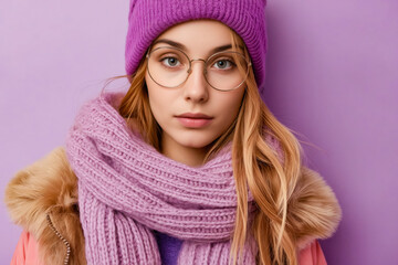 Poster - A woman wearing a purple hat and scarf