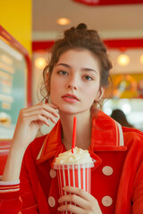 Sticker - A woman in a red jacket holding a cup of ice cream.