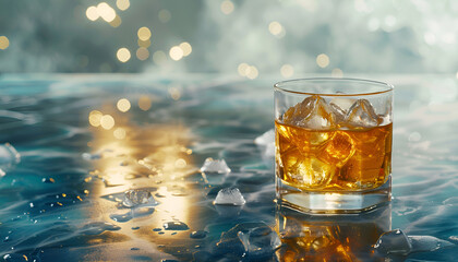 Wall Mural - Golden whiskey in glass with ice cubes on table. Space for text