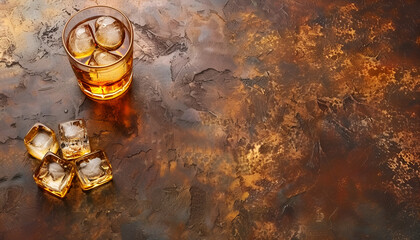 Wall Mural - Golden whiskey in glass with ice cubes on table. Space for text