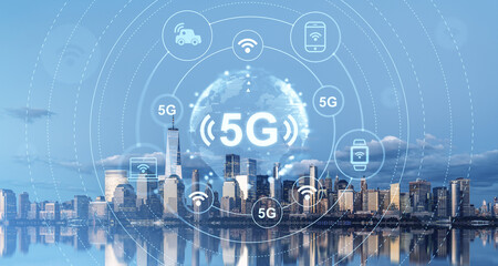 Wall Mural - 5G icons hologram and New York skyline, smart city and global network