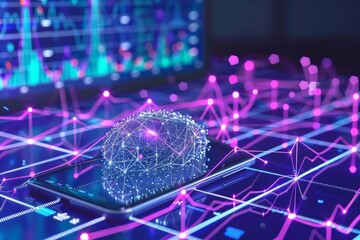 Canvas Print - Digital brain hologram with neon lights in a futuristic lab emphasizing advanced technology and cognitive research