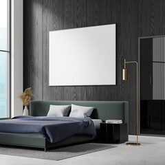 Wall Mural - Modern bedroom with blank poster on black wooden wall. 3D Rendering