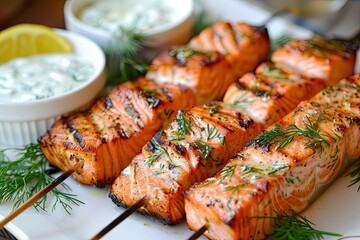 Wall Mural - Grilled Salmon Skewers with Dill and Creamy Sauce