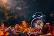 © Anton - Daylight Savings Time Concept with Colorful Autumn Leaves and Alarm Clock on Dark Background