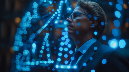 Wall Mural - A man in a suit is looking at a glowing blue light. The light is surrounded by a blurry background, giving the impression of a futuristic or sci-fi setting. The man's gaze is focused and intense