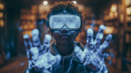 Wall Mural - A young boy wearing a virtual reality headset is reaching out to touch a blue object. The scene is set in a room with shelves and a bookcase, giving the impression of a cozy and comfortable space