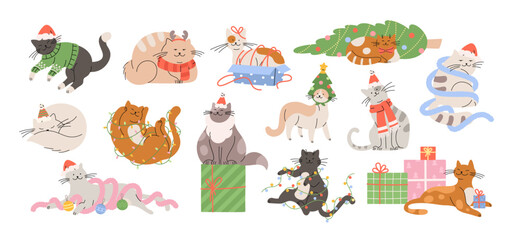 Wall Mural - Cartoon christmas cats. Cute cat wear xmas costumes, play with garland and toys, sitting in present box. Funny new year pets, racy vector characters