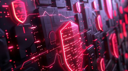 Wall Mural - 3d digital render of a glowing red shield on a futuristic circuit board, symbolizing digital securit