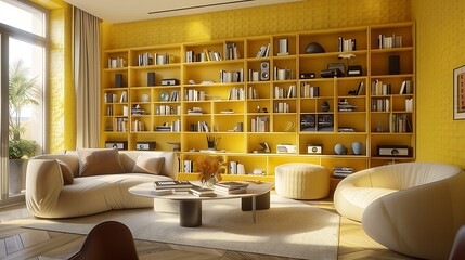 A bright and airy living room with yellow textured wallpaper, classical bookcases filled with modern gadgets, and comfortable, sleek seating areas.