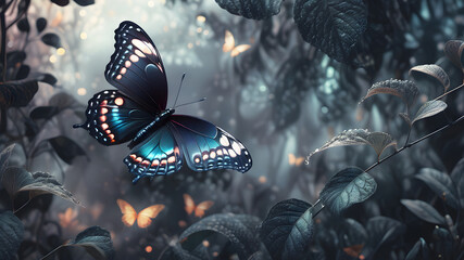 Wall Mural - Black butterfly in a fabulous dark forest