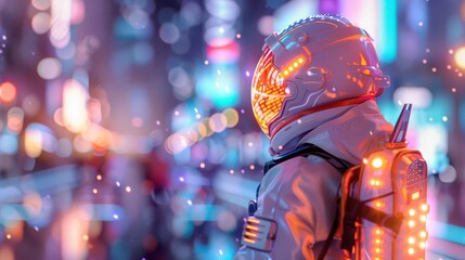 Astronaut in futuristic city with glowing lights