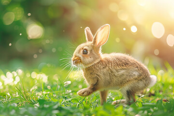 Poster - A rabbit is walking through a grassy field, generative ai image.