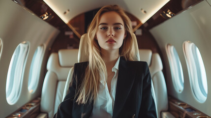 Wall Mural - An elegant young businesswoman in a designer suit sits in the comfort of a private jet during a flight. Her luxurious journey emphasizes her VIP status and wealth.