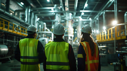 Group of workers wearing safety gear and hard hats inside an industrial factory, focused on their tasks, dimly lit environment