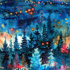 Wall Mural - Seamless pattern magical forest with Christmas trees and glowing lights Christmas card style watercolor abstract artistic enchanted nature woodland background wallpaper backdrop, wrapping paper