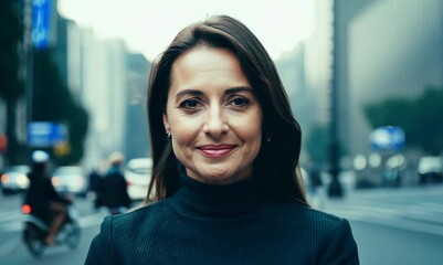 Canvas Print - Portrait of a smiling businesswoman in the city at the street