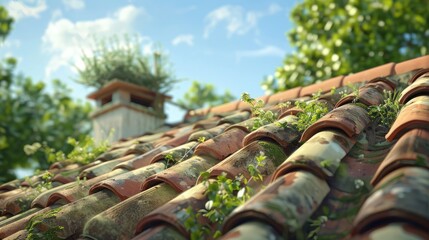 Close-up of a damaged terracotta roof with plants growing between tiles, with a clear sky and green trees in the background