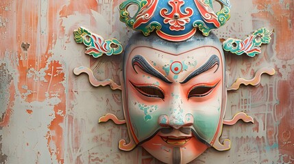 Vibrant Chinese Opera Mask on Weathered Wooden Surface with Intricate Decorative Patterns and