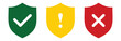 © MKIN - safe caution and unsafe icon set. green yellow and red  shield with tick cross and caution sign. warning label for app, website. transparent png and vector illustration.