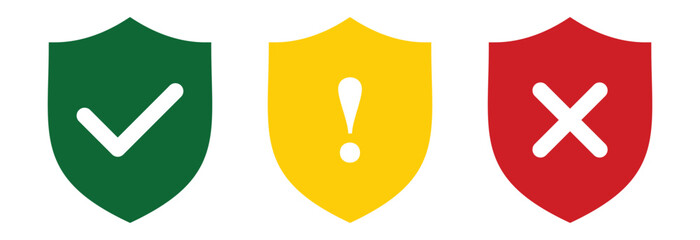Wall Mural - safe caution and unsafe icon set. green yellow and red shield with tick cross and caution sign. warn