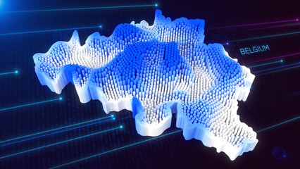 Wall Mural - digital 3d perspective dynamic rippling map of belgium in blue and white, set against dark futuristi
