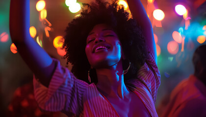 Canvas Print - A woman with curly hair poses for a photo in a neon room