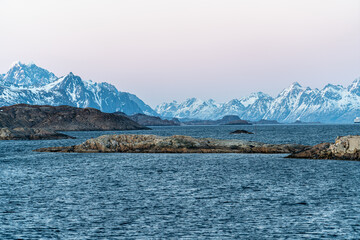 sea and village view from henningsvar lofoten norway