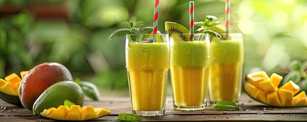 Refreshing mango smoothie with lime and mint served in glasses outdoors, surrounded by fresh mango slices on a wooden table.