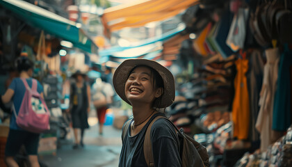 Wall Mural - A woman is smiling at the camera in front of a fruit stand