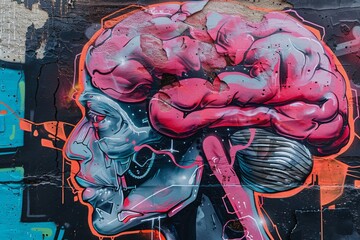 Wall Mural - artistic representation of a brain with graffiti effects highlighting the fusion of street art and c