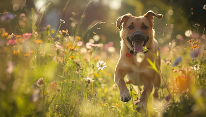 Wall Mural - A dog is running in a park with a red ball in its mouth