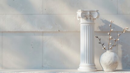 3D Greek marble column pillar against a white stone background, with Roman architectural details and classic ancient Greece podium.