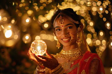 Wall Mural - young indian woman wearing traditional sari and holding light blub