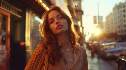 Poster - young attractive woman walking on city street