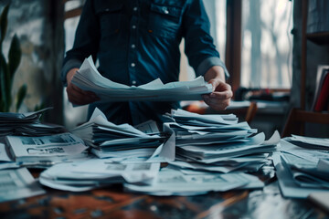 A person organizing a pile of paperwork.