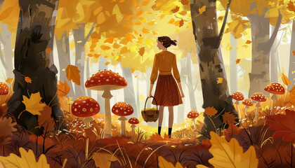 Wall Mural - A woman is walking through a forest with mushrooms and leaves