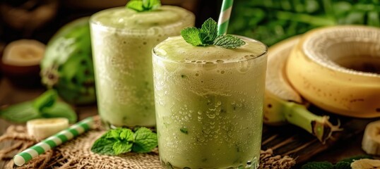 Refreshing green smoothies made with fresh ingredients including banana and mint, arranged in a rustic setting with straws.