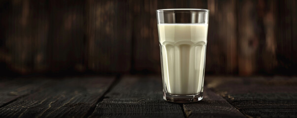 Wall Mural - Fresh milk in a glass on a black wooden background, with subtle shadows. The rich texture of the wood enhances the creamy white color of the milk.