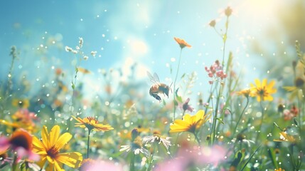 Wall Mural - Sunny Meadow with a Bee in Flight