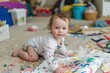 © JIRMoronta - Baby with Paint on Clothes Creating Art on the Floor. generative ai