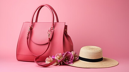 Colorful Bags, Shoes, and Hat on Pink