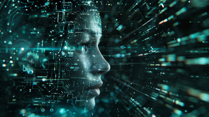 Close-up of a woman's face in digital holographic modules, in software. Technology concept.